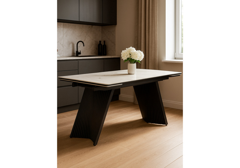 Керамический стол, Вейв 160(220)х89 белый с прожилками gilt white / черный