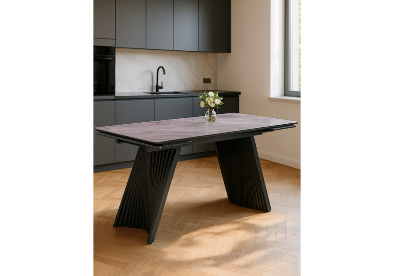 Стол стеклянный, Вейв 140(200)х80 кристл серый мрамор / черный