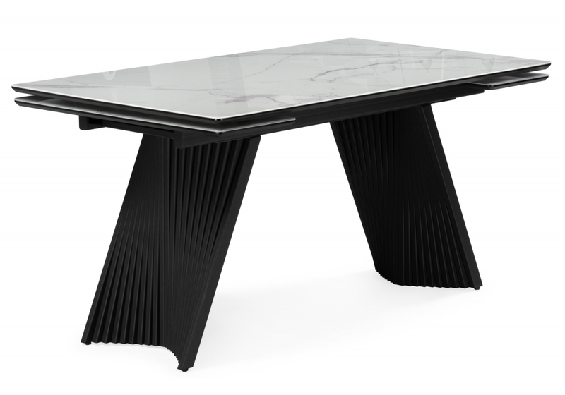 Стол стеклянный, Вейв 140(200)х80 кристл белый мрамор / черный