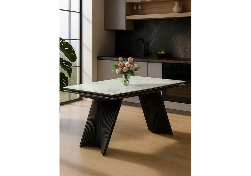 Стол стеклянный, Вейв 140(200)х80 кристл белый мрамор / черный