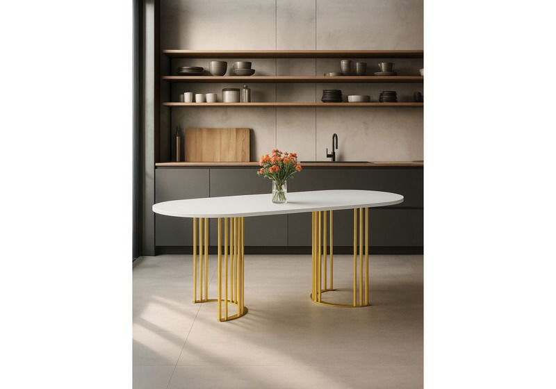 Стол деревянный, Хьюго О 200 х 90 белая шагрень пленка / золотые ноги