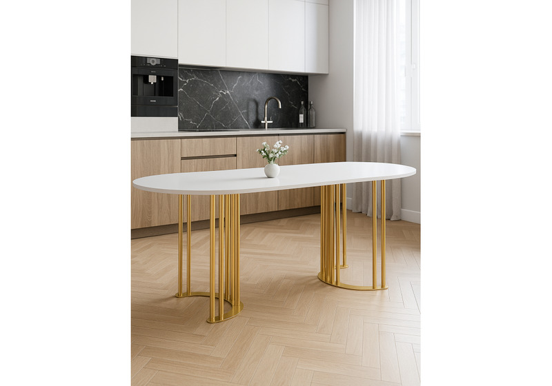 Стол деревянный, Хьюго О 200 х 90 белая шагрень пленка / золотые ноги