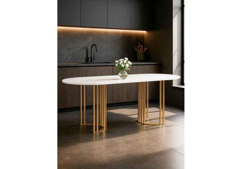 Стол деревянный, Хьюго О 180 х 90 белая шагрень пленка / золотые ноги