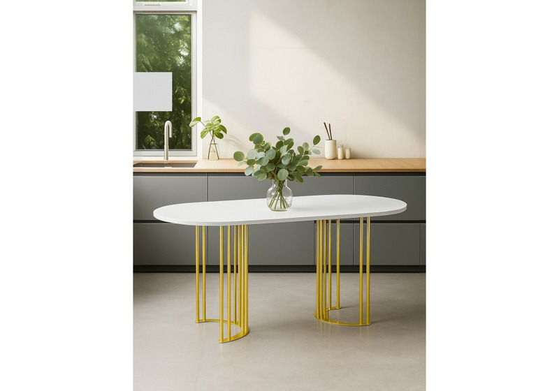 Стол деревянный, Хьюго О 160 х 90 белая шагрень пленка / золотые ноги