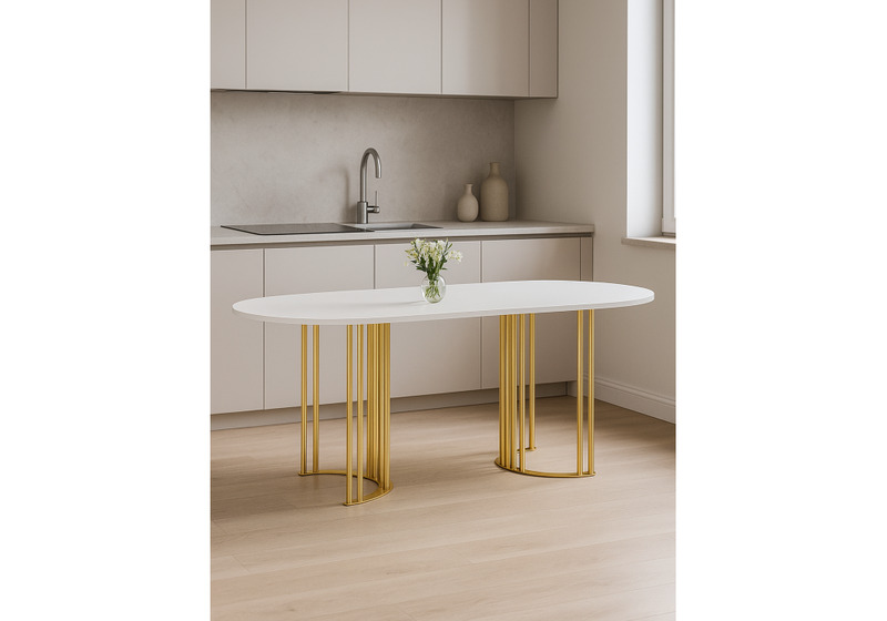 Стол деревянный, Хьюго О 160 х 90 белая шагрень пленка / золотые ноги
