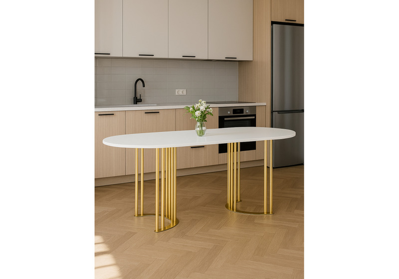 Стол деревянный, Хьюго О 160 х 90 белая шагрень пленка / золотые ноги