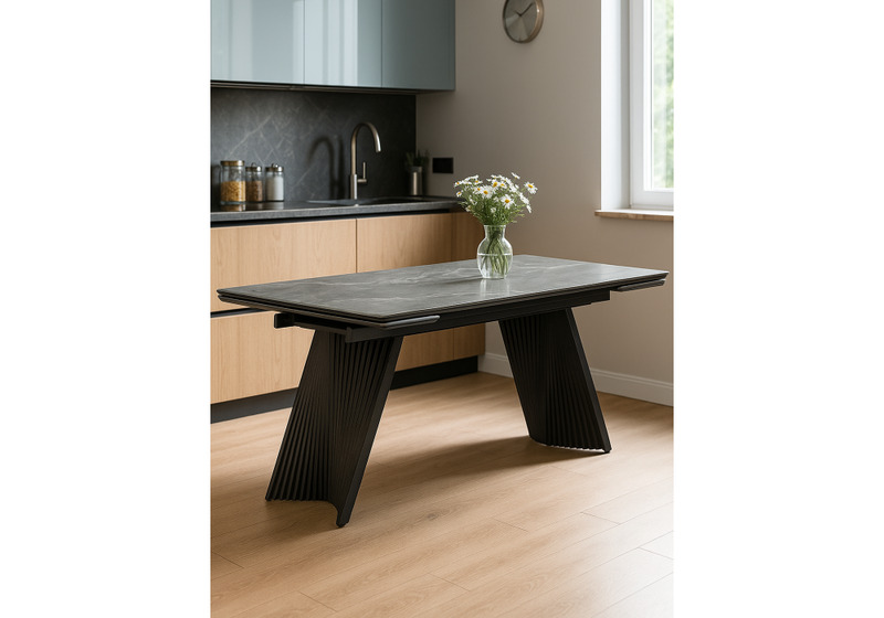 Керамический стол, Вейв 140(200)х80 серый мрамор larka grey / черный