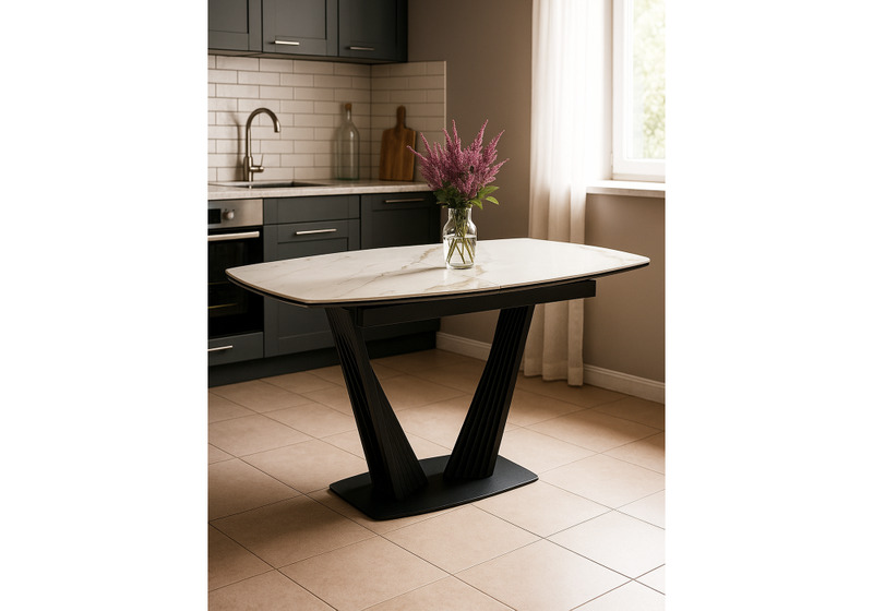 Керамический стол, Вейл 160(205)х89 белый мрамор snow white / черный