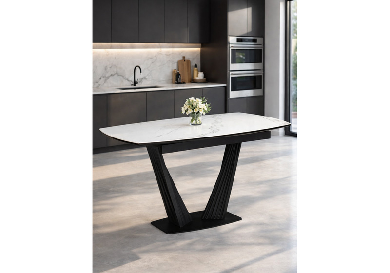 Керамический стол, Вейл 160(205)х89 белый мрамор snow white / черный