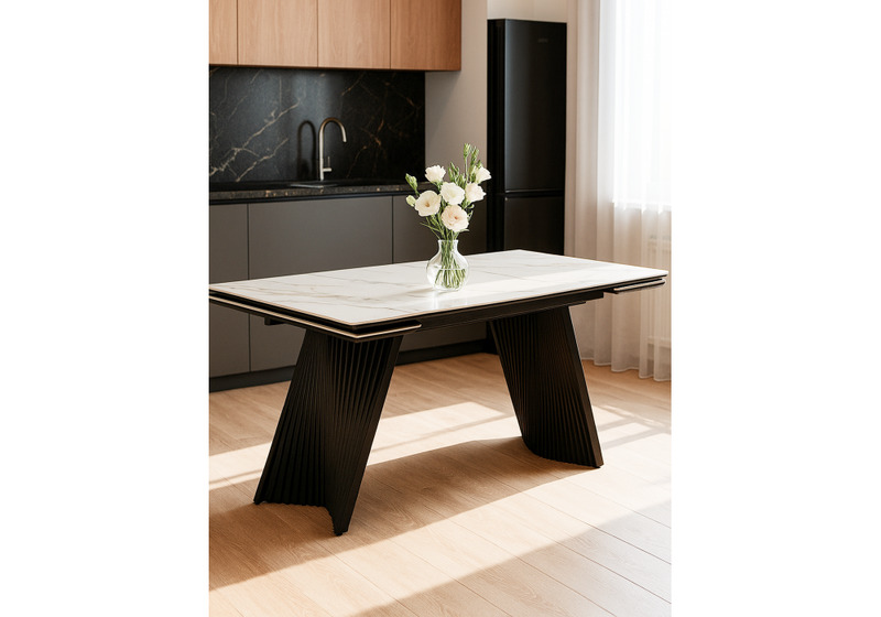 Керамический стол, Вейв 140(200)х80 белый мрамор snow white / черный