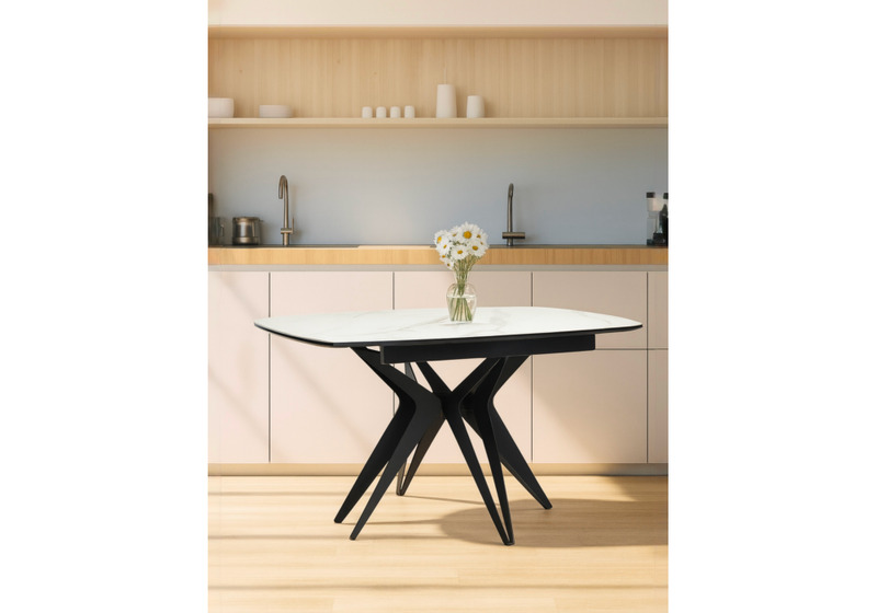 Керамический стол, Риполь 160(205)х89 белый мрамор snow white / черный