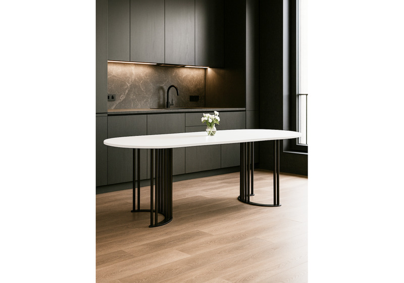 Стол деревянный, Хьюго О 180 х 90 белая шагрень пленка / черные ноги