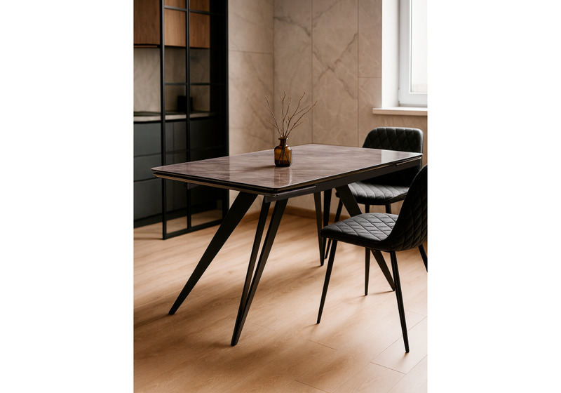 Стол стеклянный, Дарвин 140(200)х80 серый мрамор / черный