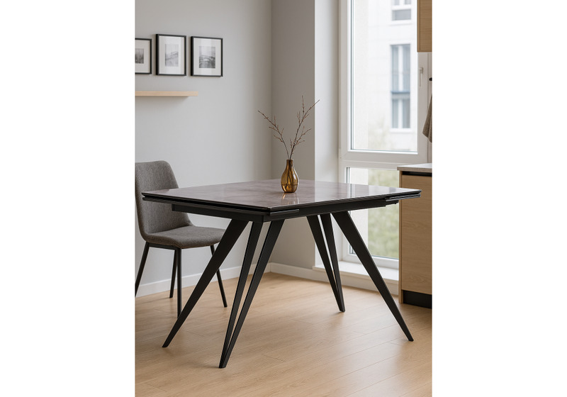 Стол стеклянный, Дарвин 140(200)х80 серый мрамор / черный