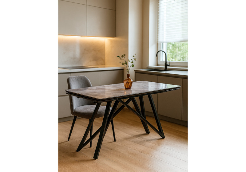 Стол стеклянный, Вилсон 140(200)х80 серый мрамор / черный