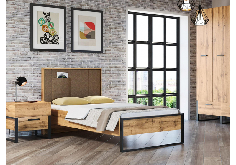 Кровать, Iris 90х200 металл дуб вотан / черный муар