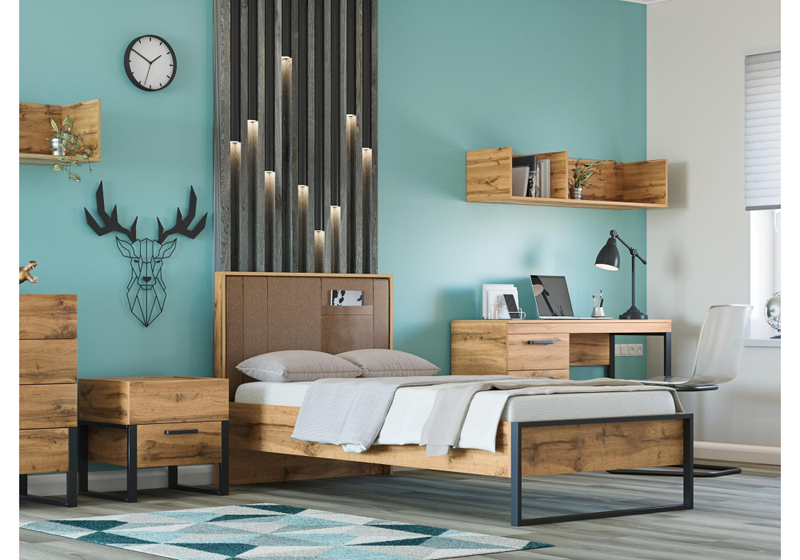 Кровать, Iris 90х200 металл дуб вотан / черный муар