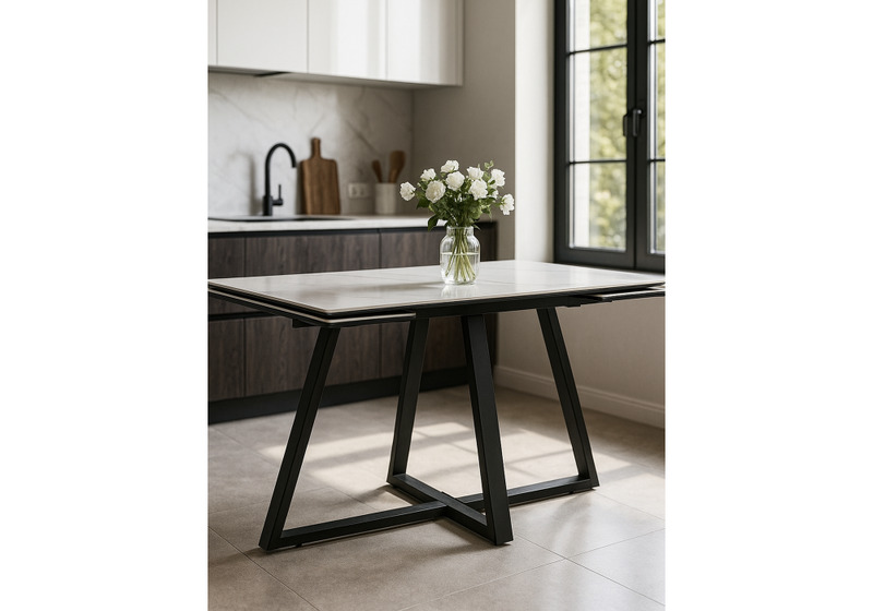 Керамический стол, Памелла 140(200)х80х75 белый мрамор snow white / черный