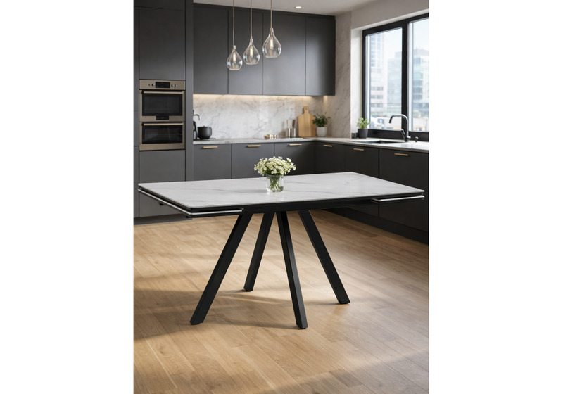 Керамический стол, Вилли 140(200)х80 белый мрамор snow white / черный