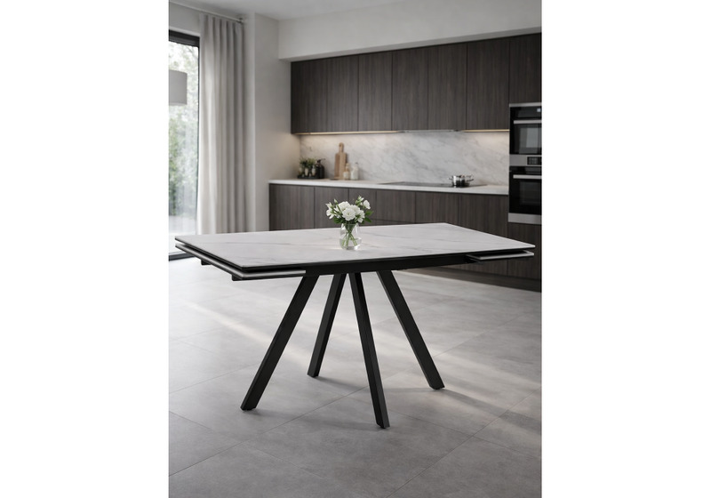 Керамический стол, Вилли 140(200)х80 белый мрамор snow white / черный