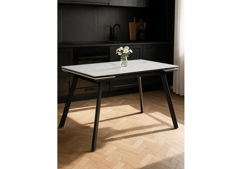 Керамический стол, Норман 140(200)х80х75 белый мрамор alpin white / черный