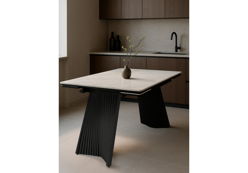 Керамический стол, Вейв 160(220)х89х75 белый мрамор snow white / черный