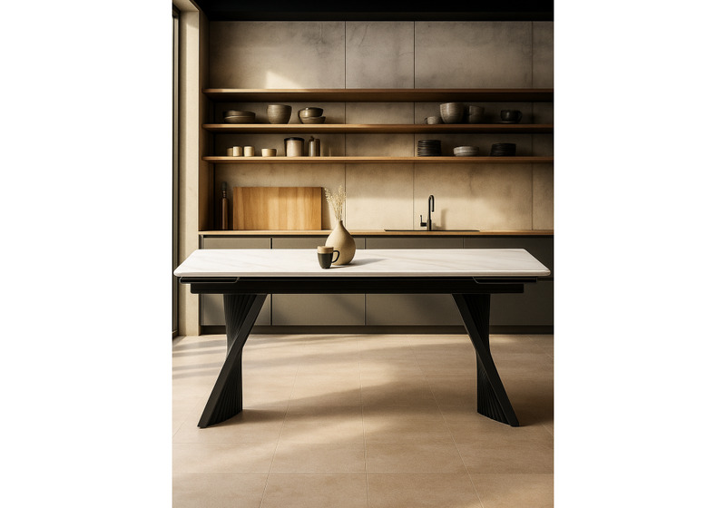 Керамический стол, Вейв 160(220)х89х75 белый мрамор snow white / черный