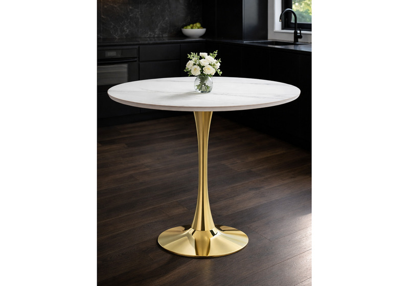 Керамический стол, Тулип 90х73 белый мрамор / золото
