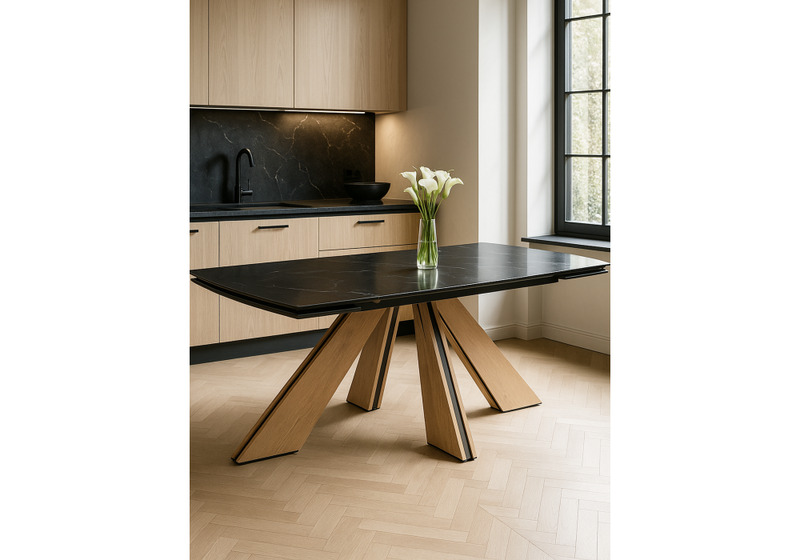 Керамический стол, Шаннон 180(240)х90х79 черный мрамор / дуб монтана