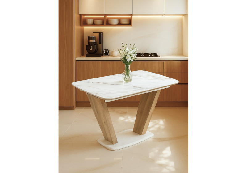 Керамический стол, Петир 120(160)х80х75 gilt white / дуб монтана