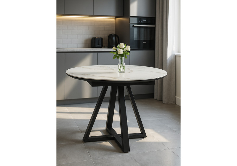 Керамический стол, Нельсон 100(140)х100х76 alpine white / черный