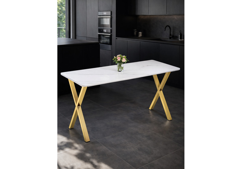 Керамический стол, Селена 3 180х90х77 белый мрамор / золото