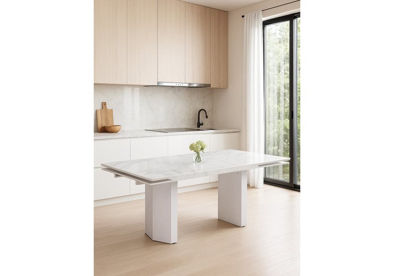 Стол стеклянный, Монерон 200(260)х100х77 белый мрамор / белый