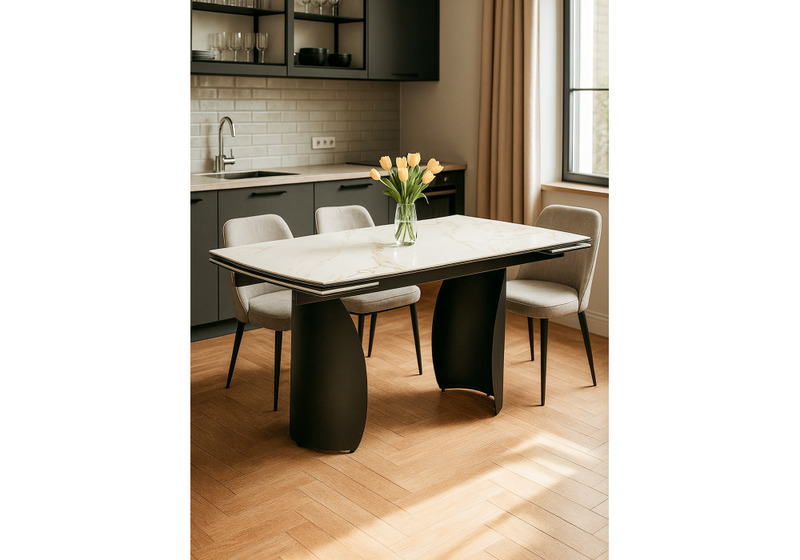 Керамический стол, Готланд 160(220)х90х79 белый мрамор / черный