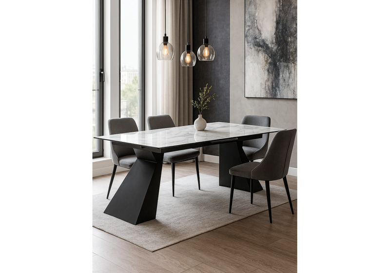 Стол стеклянный, Денхольм 240(290)х100х75 белый мрамор / черный