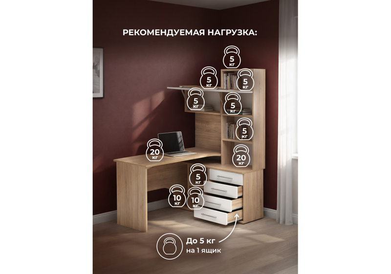 Компьютерный стол, КСТ-14.1П правый дуб сонома / белый