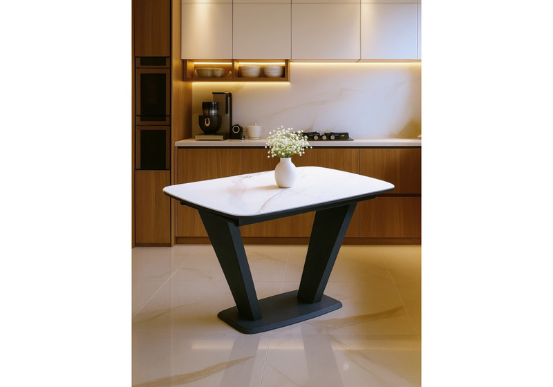 Керамический стол, на тумбе Петир 120(160)х80х75 белый мрамор / графит / темный камень