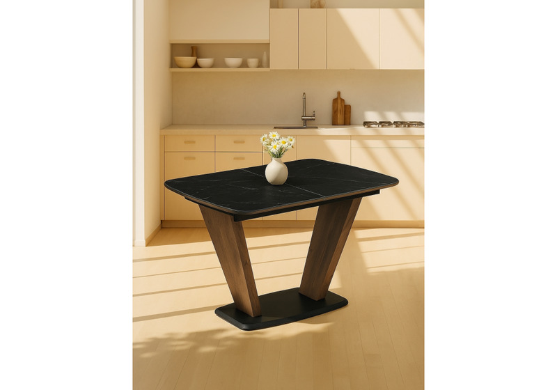Керамический стол, Петир 120(160)х80х75 черный мрамор / орех / черный