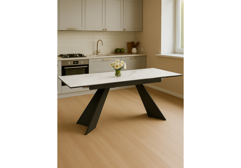 Керамический стол, Ливи 140(200)х80х78 белый мрамор / черный