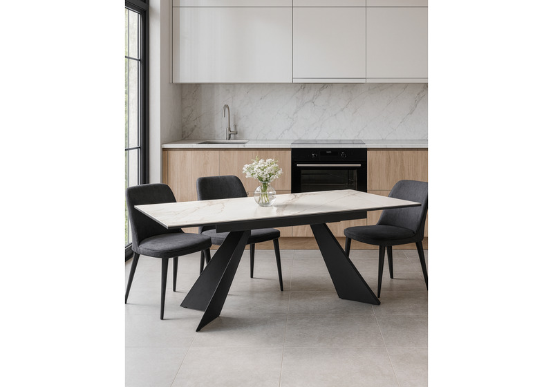 Керамический стол, Ливи 140(200)х80х78 белый мрамор / черный