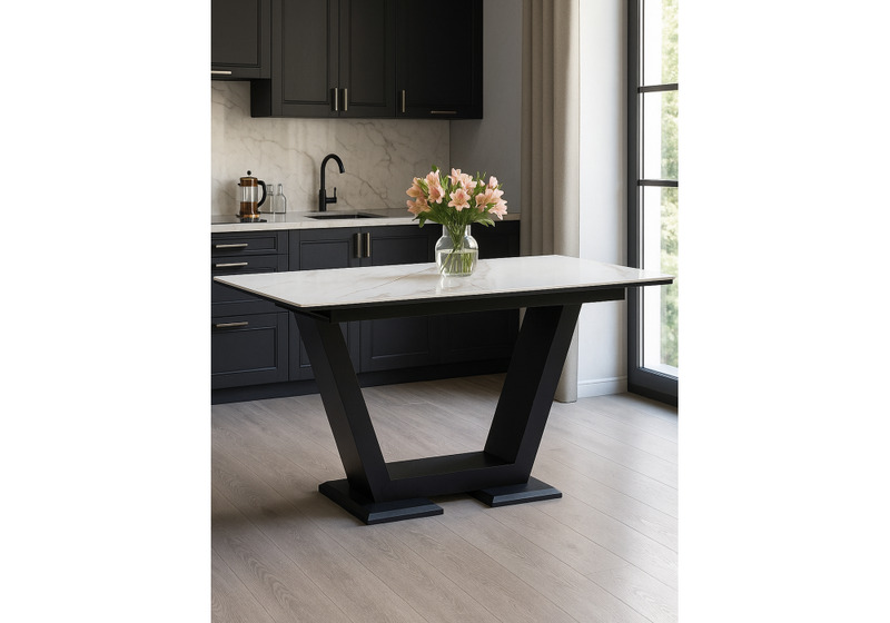 Керамический стол, на тумбе Иматра 140(180)х80х76 белый мрамор / черный