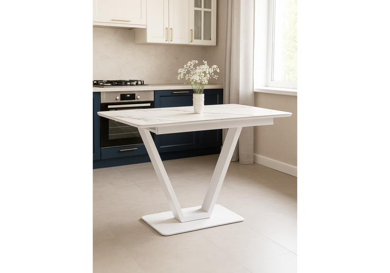 Керамический стол, на тумбе Бугун 120(160)х80х77 белый мрамор с прожилками / белый