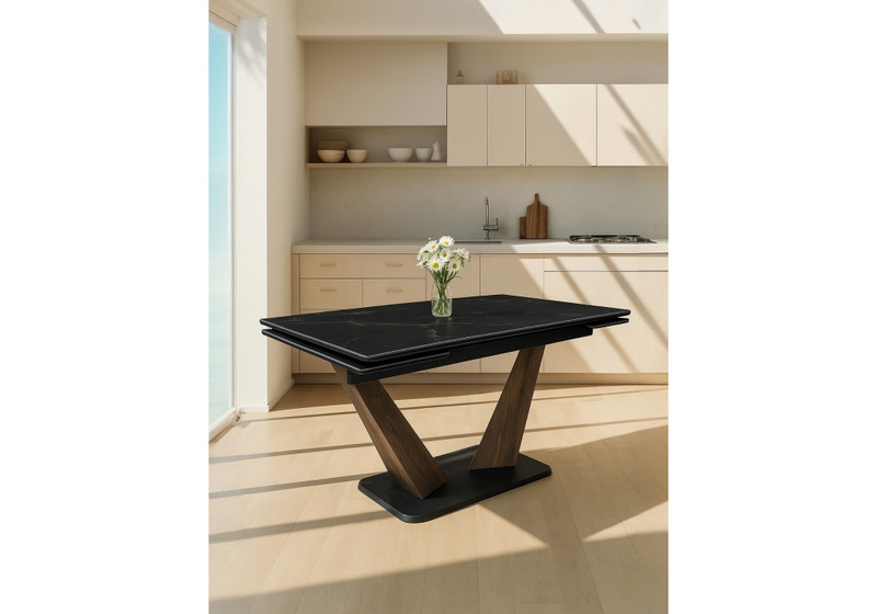 Керамический стол, Кели 140(200)х80х76 черный мрамор / орех кантри / черный