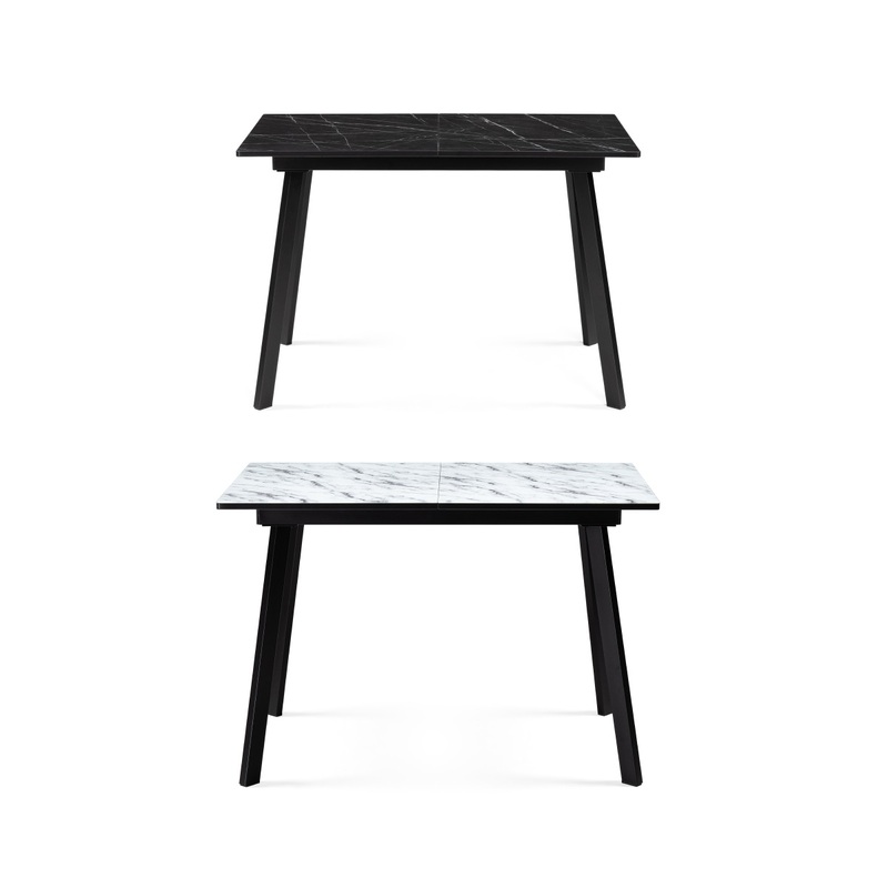 Стол стеклянный, Агни 110(140)х68х76 мрамор белый / черный матовый