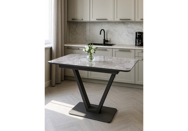 Стол стеклянный, Бугун мрамор серый / черный