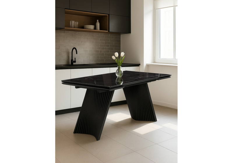 Стол стеклянный, Вейв 140(200)х80 черный мрамор / черный