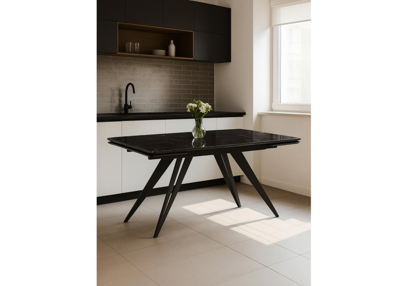 Стол стеклянный, Дарвин 140(200)х80 черный мрамор / черный