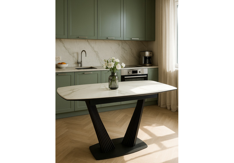 Керамический стол, Вейл 140(180)х80 белый мрамор snow white / черный