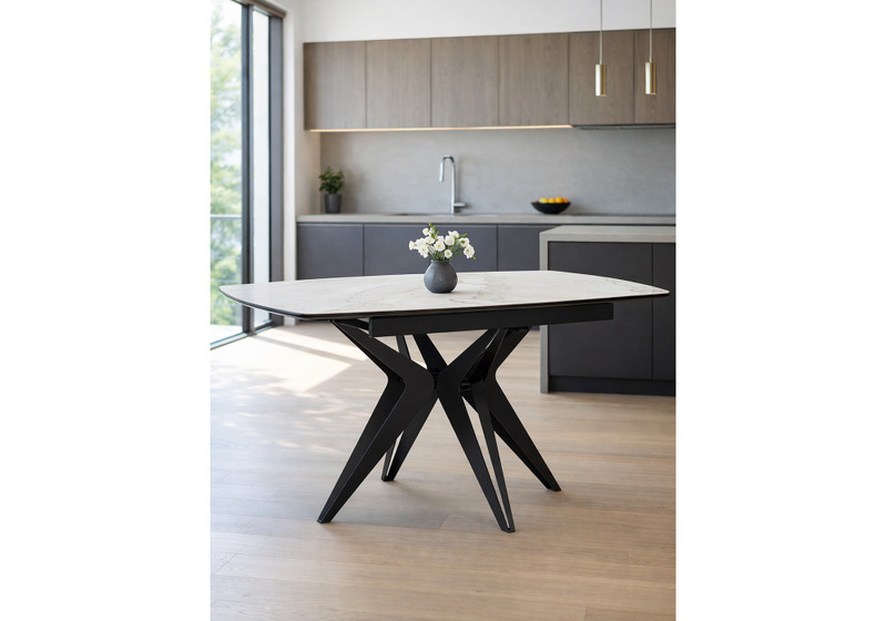 Керамический стол, Риполь 140(180)х80 белый мрамор snow white / черный