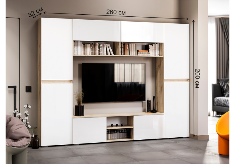 Готовая гостиная, Алетра дуб крафт серый / глянец белый комплектация 3